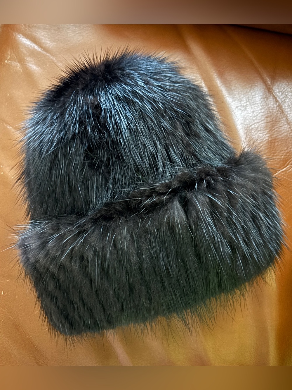 Beautiful Mink Fur Knit Beanie Hat Rolled Mink Fur Brim - Dark Brown
